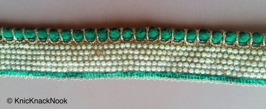 Green / Fuchsia Pink / Beige Velvet Trim With Off White Seed Pearls And Gold Threadwork, Approx. 30mm Wide - 200317L478 / 79 / 80